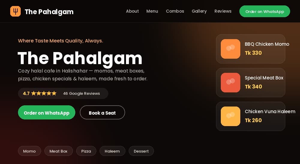 The Pahalgam — restaurant WhatsApp ordering website built by Jahidul Alam Tonmoy, Agency XYZ